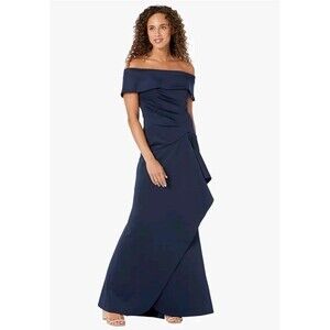 Xscape Long Scuba Off-The-Shoulder Dress Navy Size 4 NWT